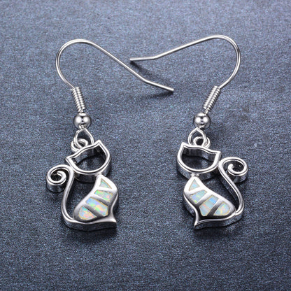Women's Hollow Cat Blue & White Opal Dangle Earrings, White Gold Plating