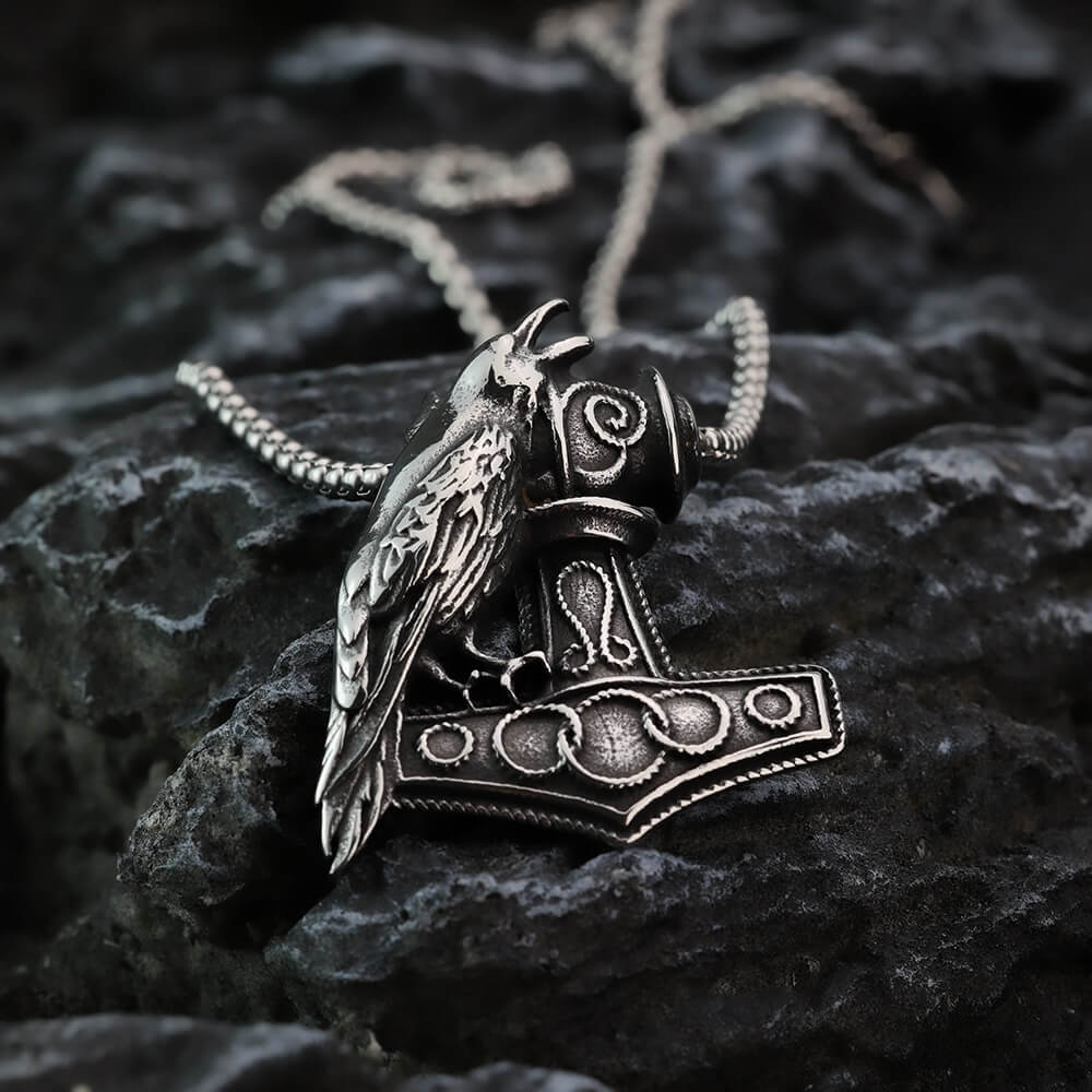 Vintage Stainless Steel Viking Raven and Anchor Combo Pendant Necklace for Men