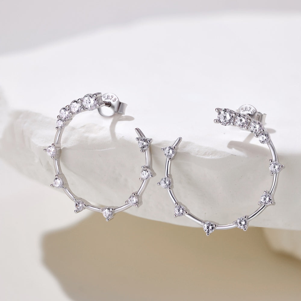 Women's C‑Shape Hoop Earrings, Starry Round Zirconia Paved, S925 with White Gold Plating