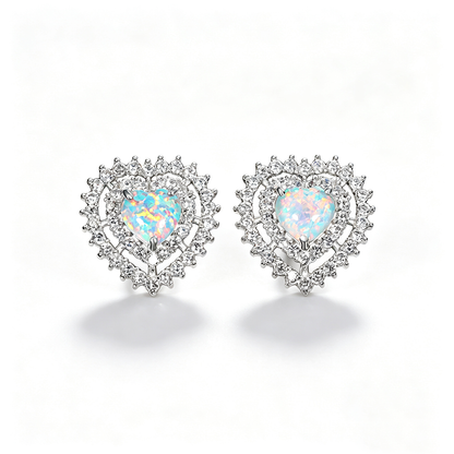 Women's Double‑Layer Heart Opal Stud Earrings, Full Zirconia Halo Setting, with White Gold Plating
