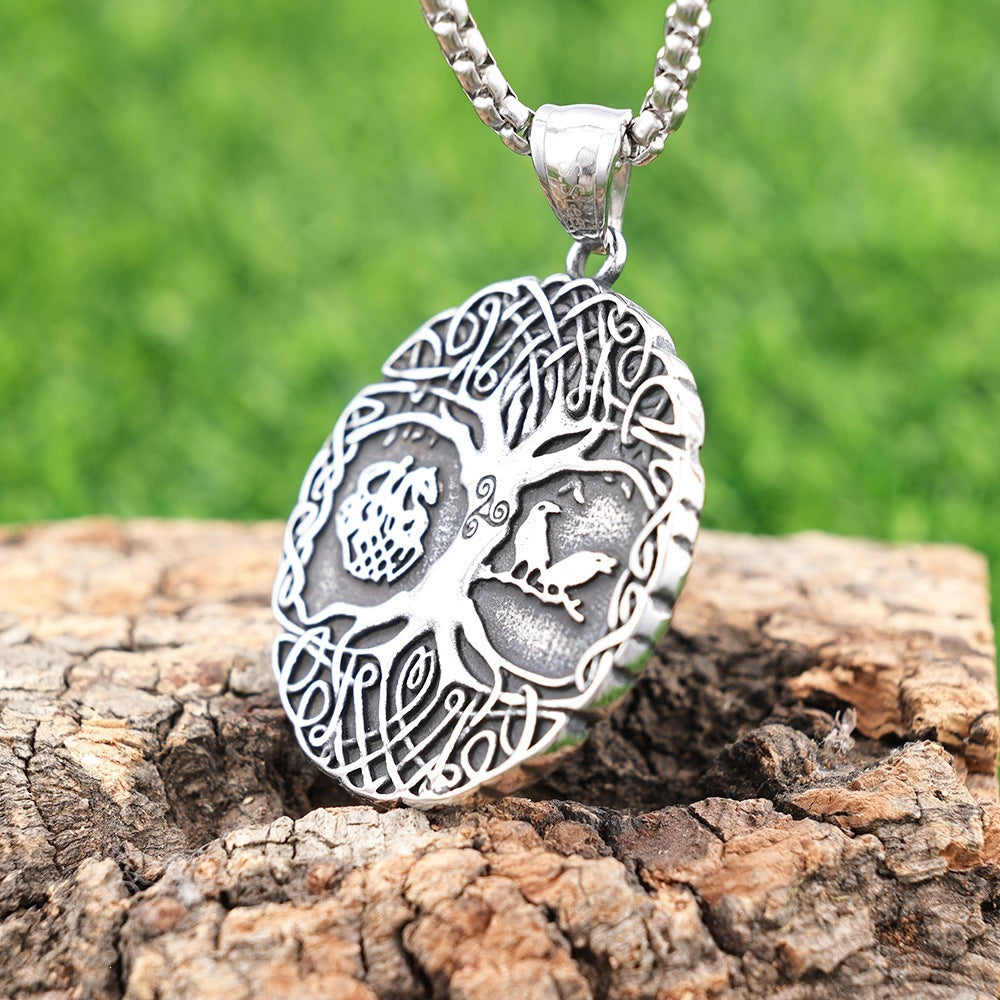 Men's Steel Tree of Life Round Pendant Necklace