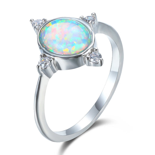 Women's Round Opal with Four Zirconia Ring