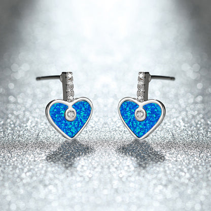 Women's Heart‑Shape Stud Earrings, Paved Zirconia With White Opal / Blue Opal Inlay, with White Gold Plating / Rose Gold Plating