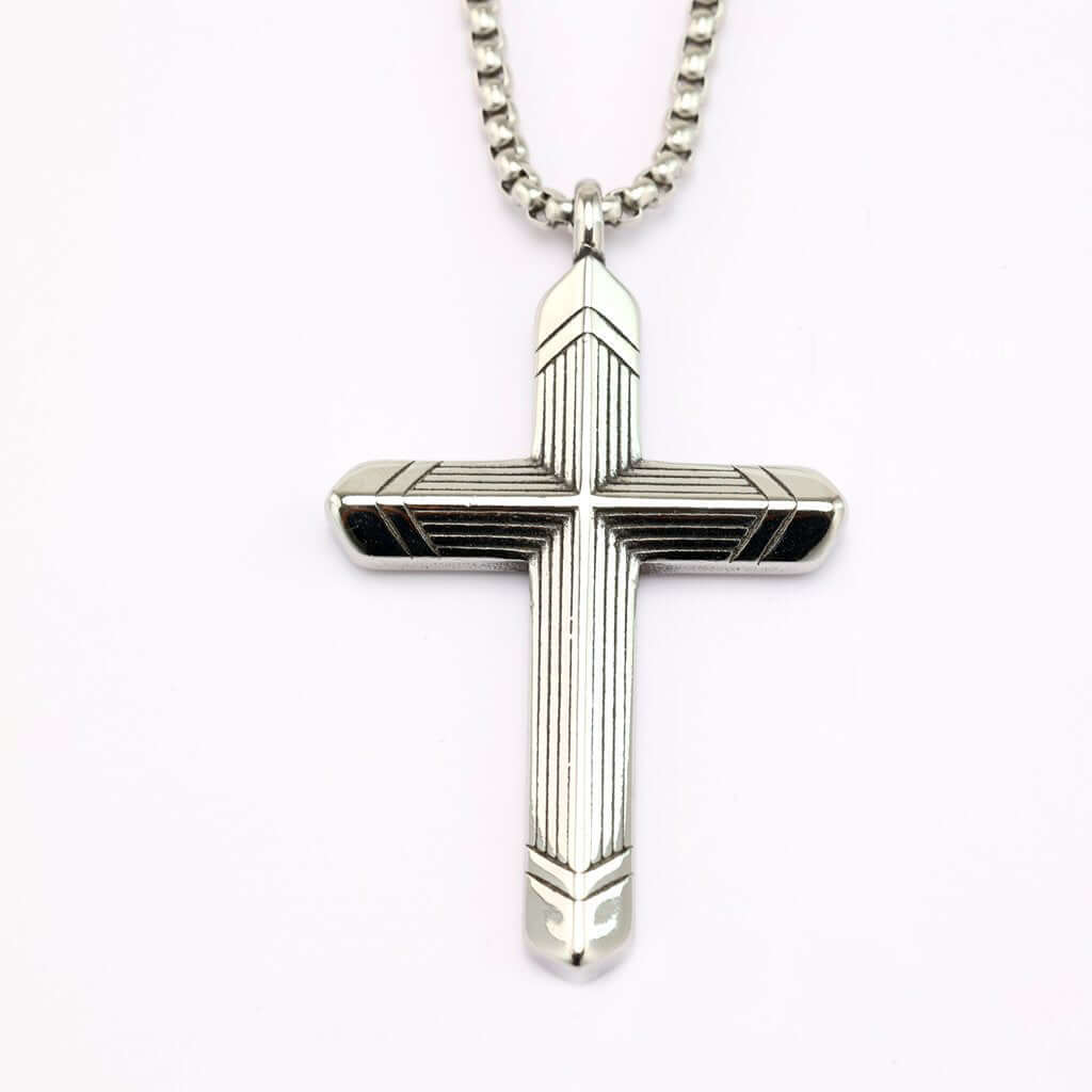 Vintage Stainless Steel Cross Striped Pendant Necklace for Men