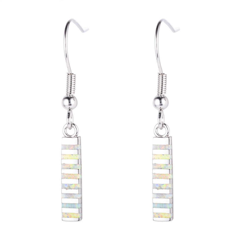 Women's Vertical Bar Inlaid Opal Dangle Hook Earrings, with White Gold Plating