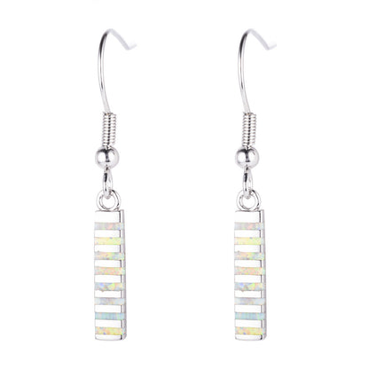Women's Vertical Bar Inlaid Opal Dangle Hook Earrings, with White Gold Plating