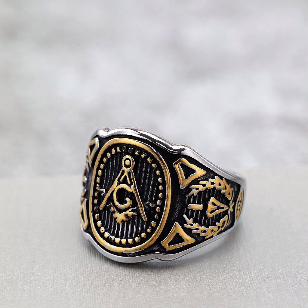 Vintage Solid Stainless Steel Masonic AG Letter Signet Ring for Men