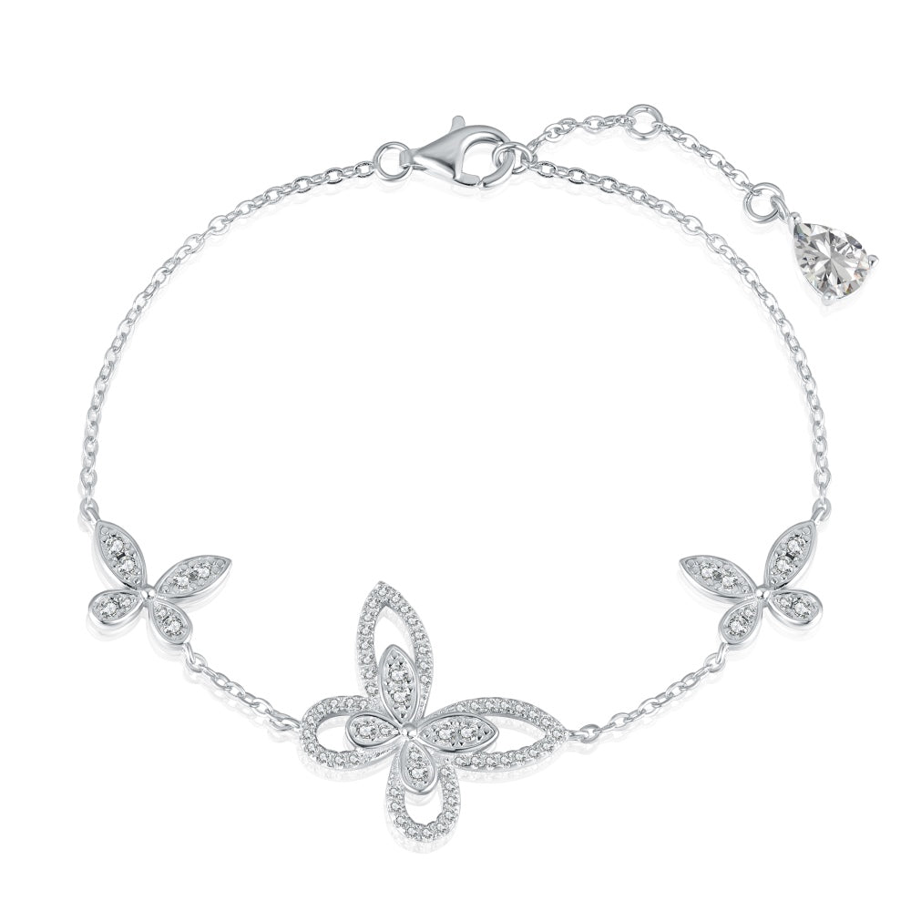 Women's Adjustable Bracelet, Butterfly Shape Paved Zirconia Inlay, S925 with White Gold Plating