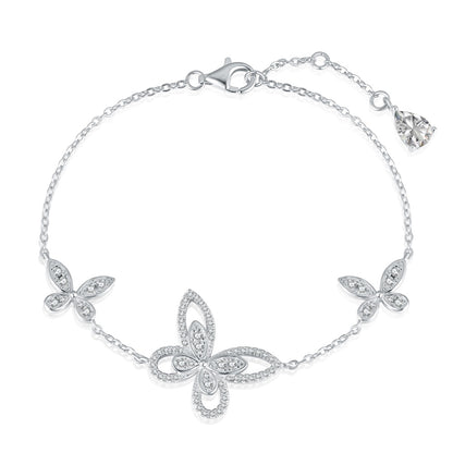 Women's Adjustable Bracelet, Butterfly Shape Paved Zirconia Inlay, S925 with White Gold Plating