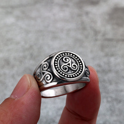 Vintage Solid Stainless Steel Viking Symbol Circle Spiral Ring for Men
