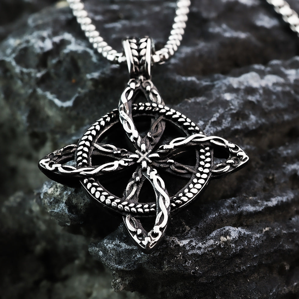 Vintage Antique Oxidized Stainless Steel Men's Hollow Celtic Four Leaf Love Knot Viking Pendant Necklace
