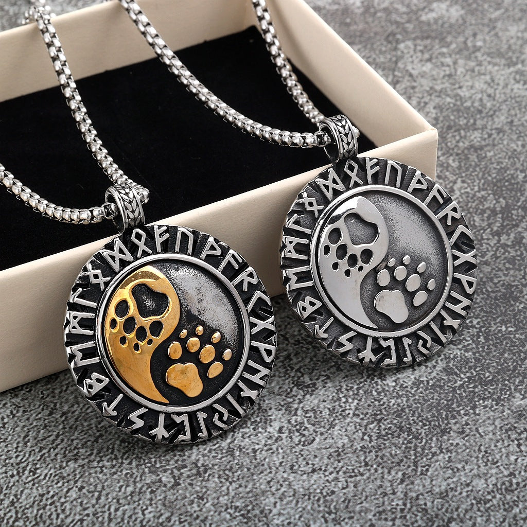 Vintage Stainless Steel Double Sided Viking Rune Bear Paw Print Pendant Necklace for Men