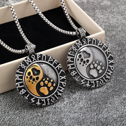 Vintage Stainless Steel Double Sided Viking Rune Bear Paw Print Pendant Necklace for Men