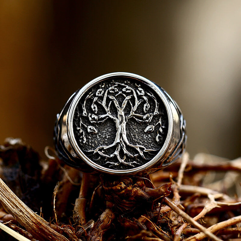 Vintage Polished Stainless Steel Viking Tree of Life Pattern Ring for Men