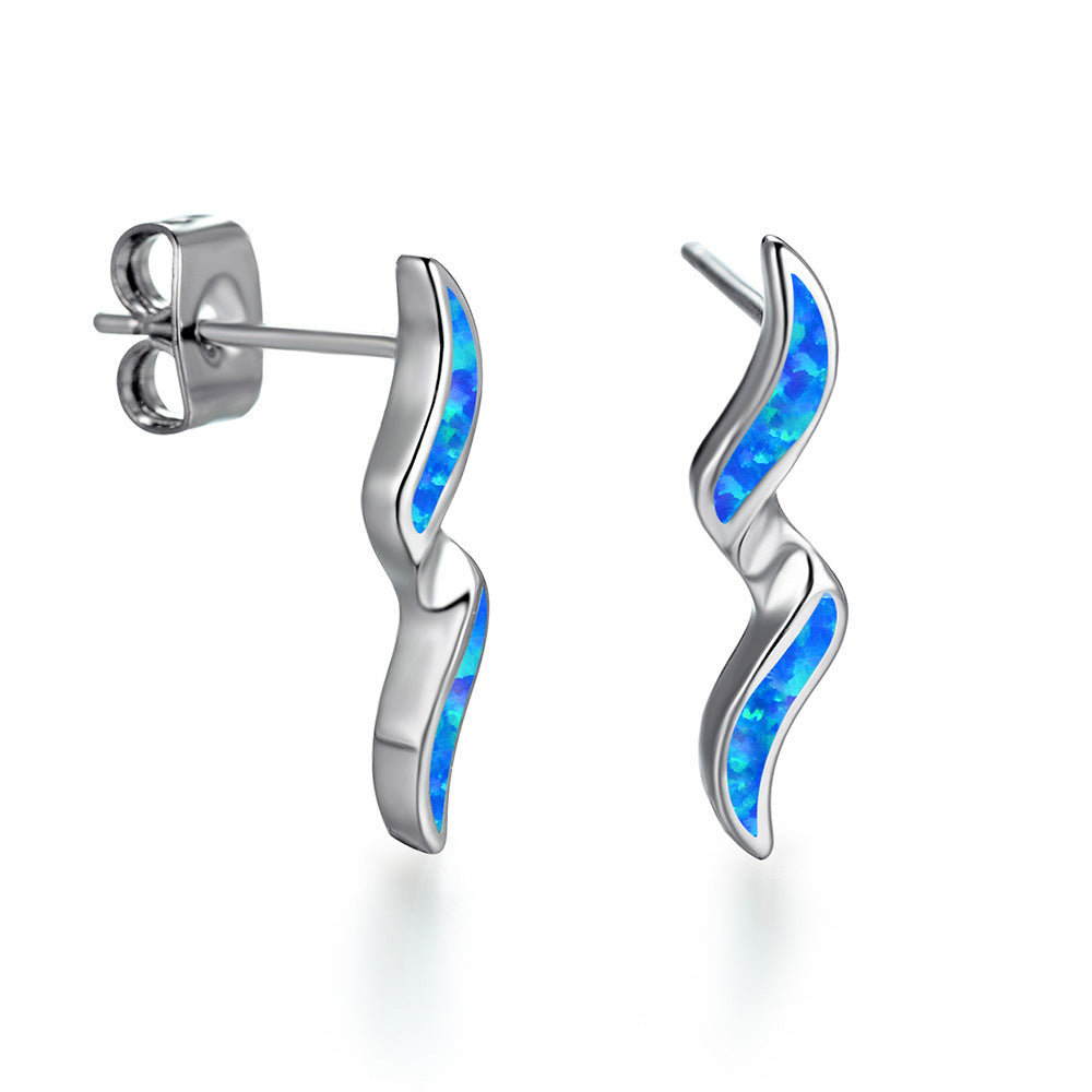 Women's Wavy Curve Inlaid Opal Drop Stud Earrings