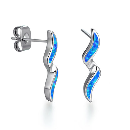 Women's Wavy Curve Inlaid Opal Drop Stud Earrings