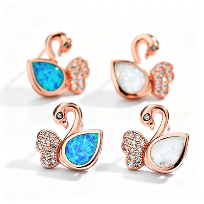 Women's Swan‑Shape Teardrop Opal & Paved Zirconia Stud Earrings, with Rose Gold Plating