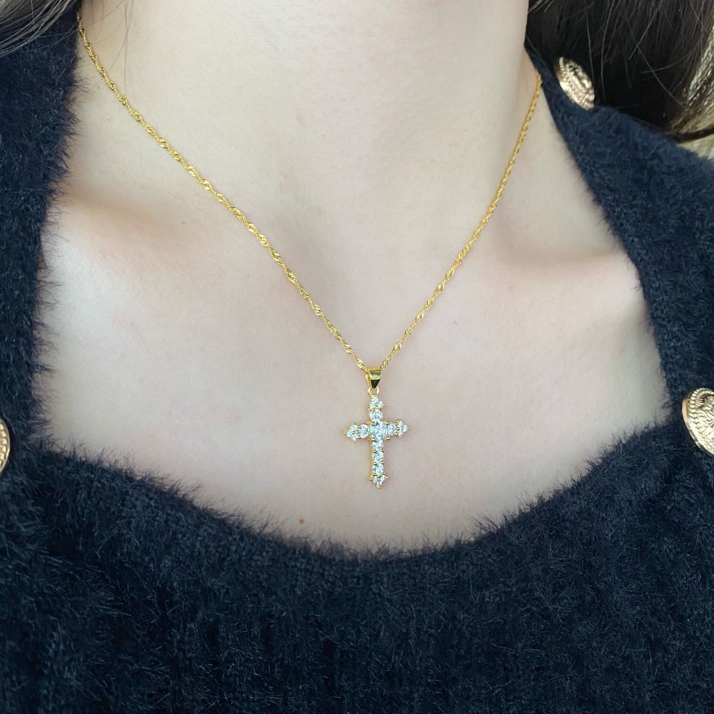 Women's Stackable Religious Cross Pendant Necklace, Zirconia Inlay, S925 with 18K Gold Plating