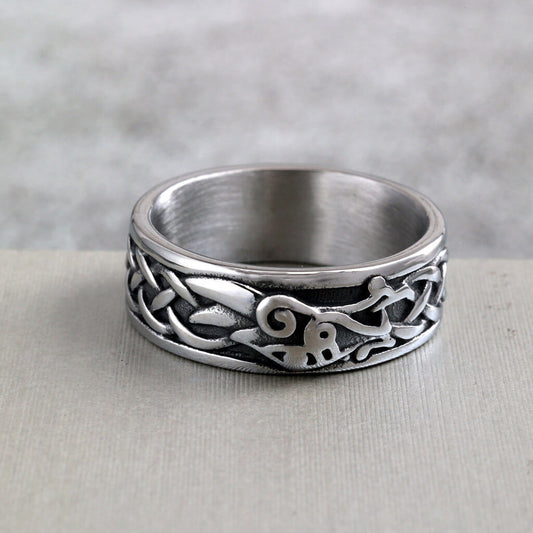 Vintage Stainless Steel Norse Viking Raven Slim Narrow Band Ring for Men
