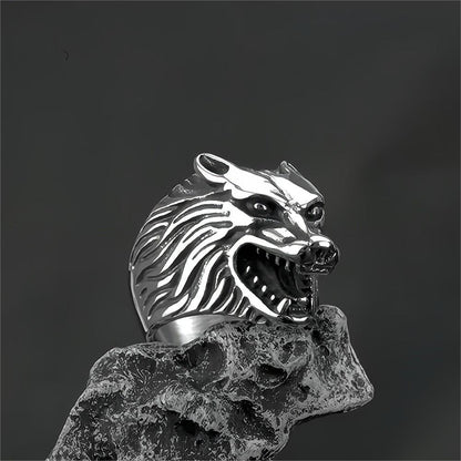 Vintage Solid Stainless Steel Nordic Big Wolf Head Band Ring for Men