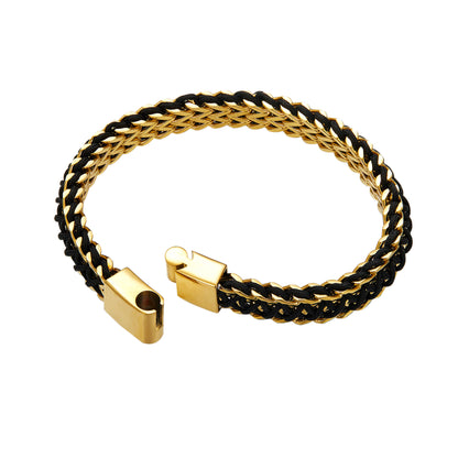Gold Tone Double Row Welded Square Polished Stainless Steel Braided Bracelet for Men, Magnetic Clasp Wrist Chain