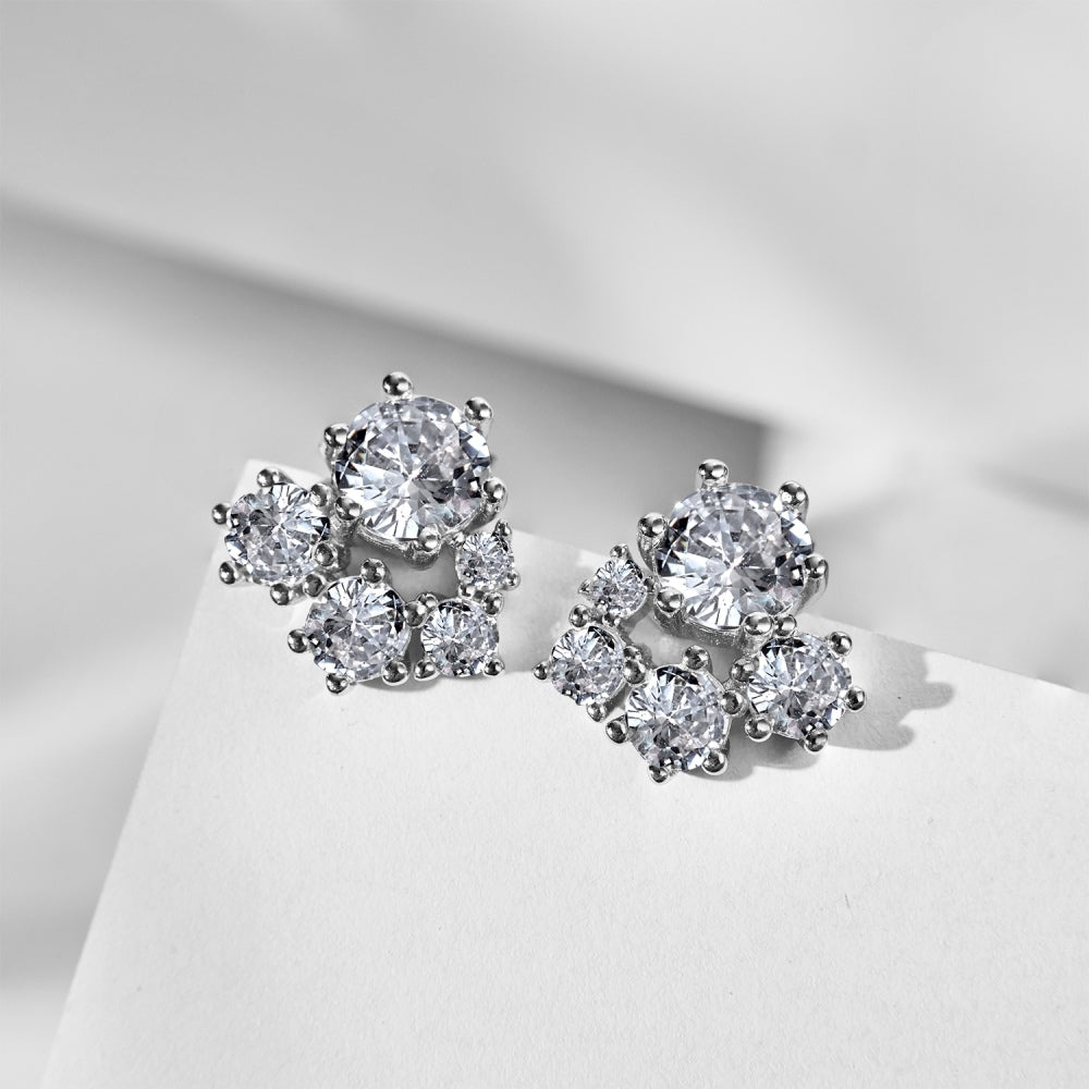 Women's Snowflake Cluster Stud Earrings, Round Clear Zirconia, S925 with White Gold Plating