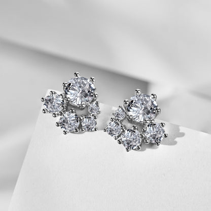 Women's Snowflake Cluster Stud Earrings, Round Clear Zirconia, S925 with White Gold Plating
