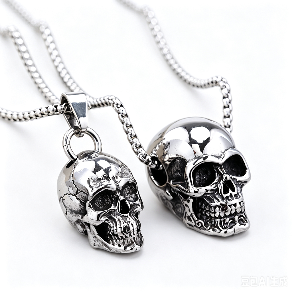 Vintage Stainless Steel Men's Halloween Skull Pendant Necklace