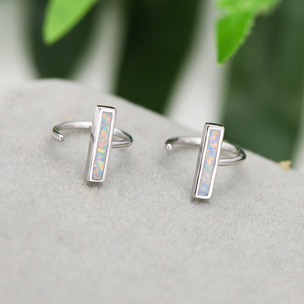 Women's Minimalist Bar‑Shape Opal Cuff Earrings, White Gold Plating