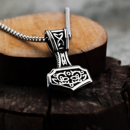 Vintage Antique Oxidized Stainless Steel Men's Viking Mjolnir Rune Totem Pendant Necklace