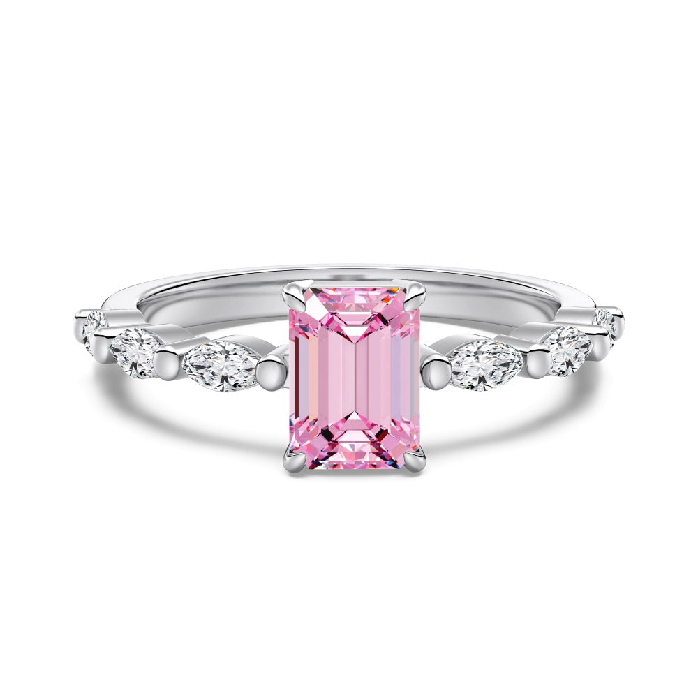 Women's Square Pink Zirconia Center Stone Paved Wedding Ring, S925 with White Gold Plating