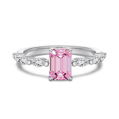 Women's Square Pink Zirconia Center Stone Paved Wedding Ring, S925 with White Gold Plating