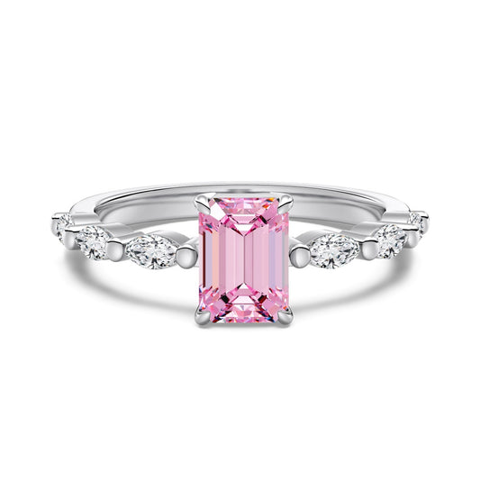 Women's Square Pink Zirconia Center Stone Paved Wedding Ring, S925 with White Gold Plating