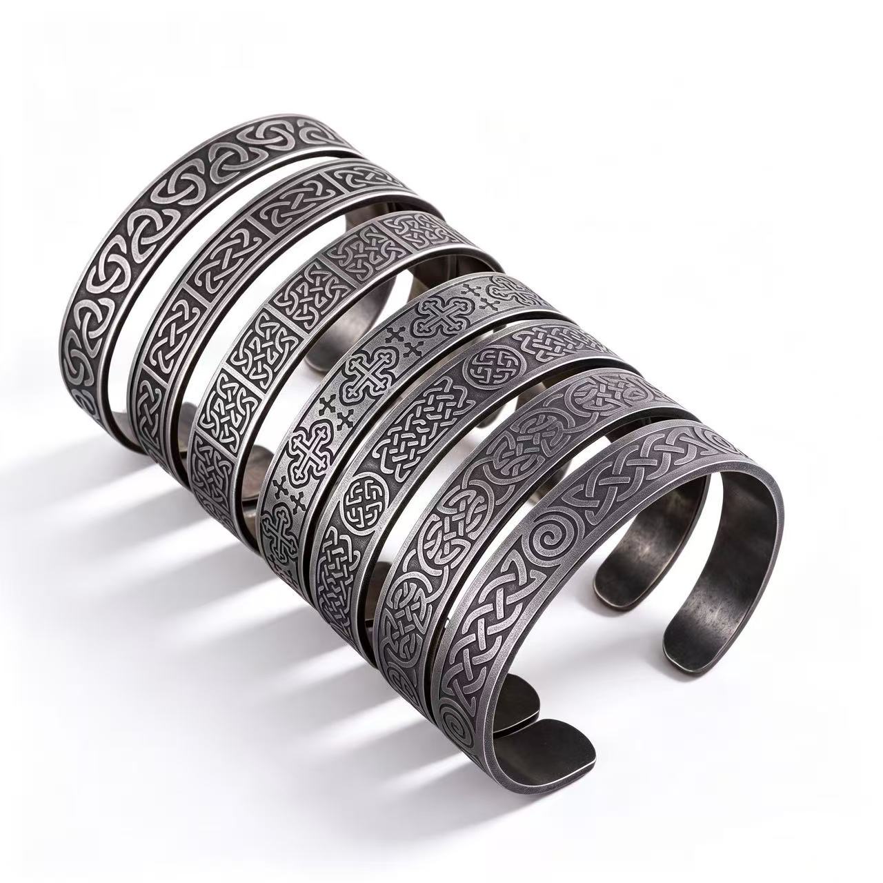 Men's Vintage Distressed Stainless Steel Cuff Bracelet, Nordic Viking Pirate Celtic Knot Open C Bangle