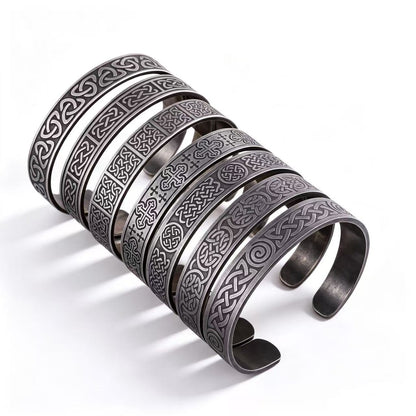 Men's Vintage Distressed Stainless Steel Cuff Bracelet, Nordic Viking Pirate Celtic Knot Open C Bangle