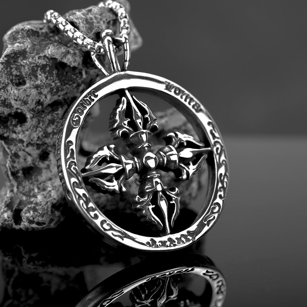 Men's Steel Hollow Vajra Round Pendant Necklace