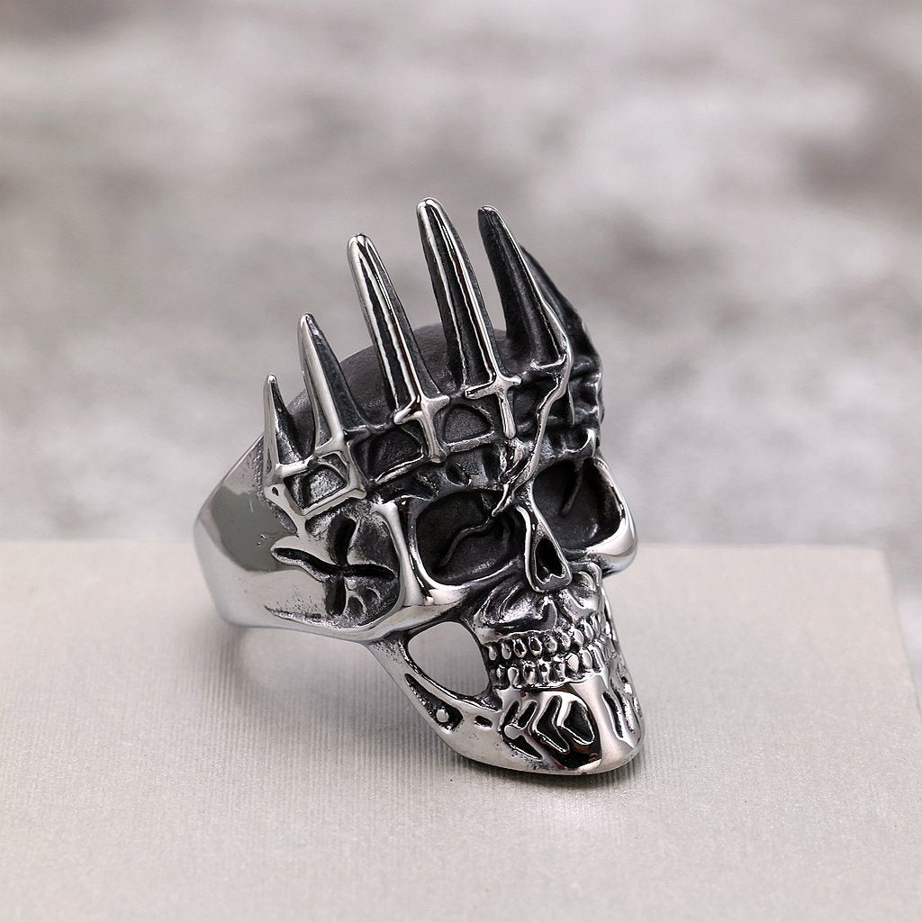 Vintage Solid Stainless Steel Punk Gothic Crown Skull Band Ring for Men