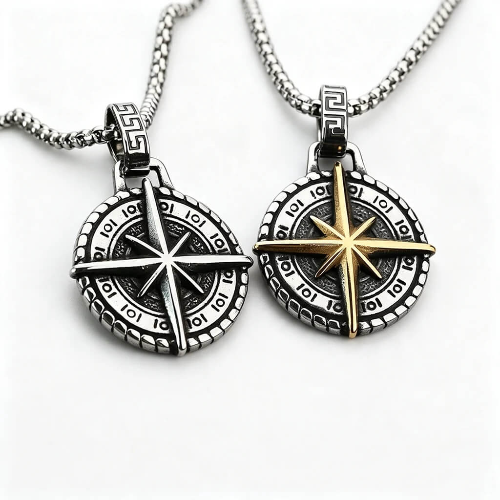 Vintage Stainless Steel Hexagram Compass Pendant Necklace for Men