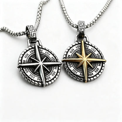 Vintage Stainless Steel Hexagram Compass Pendant Necklace for Men
