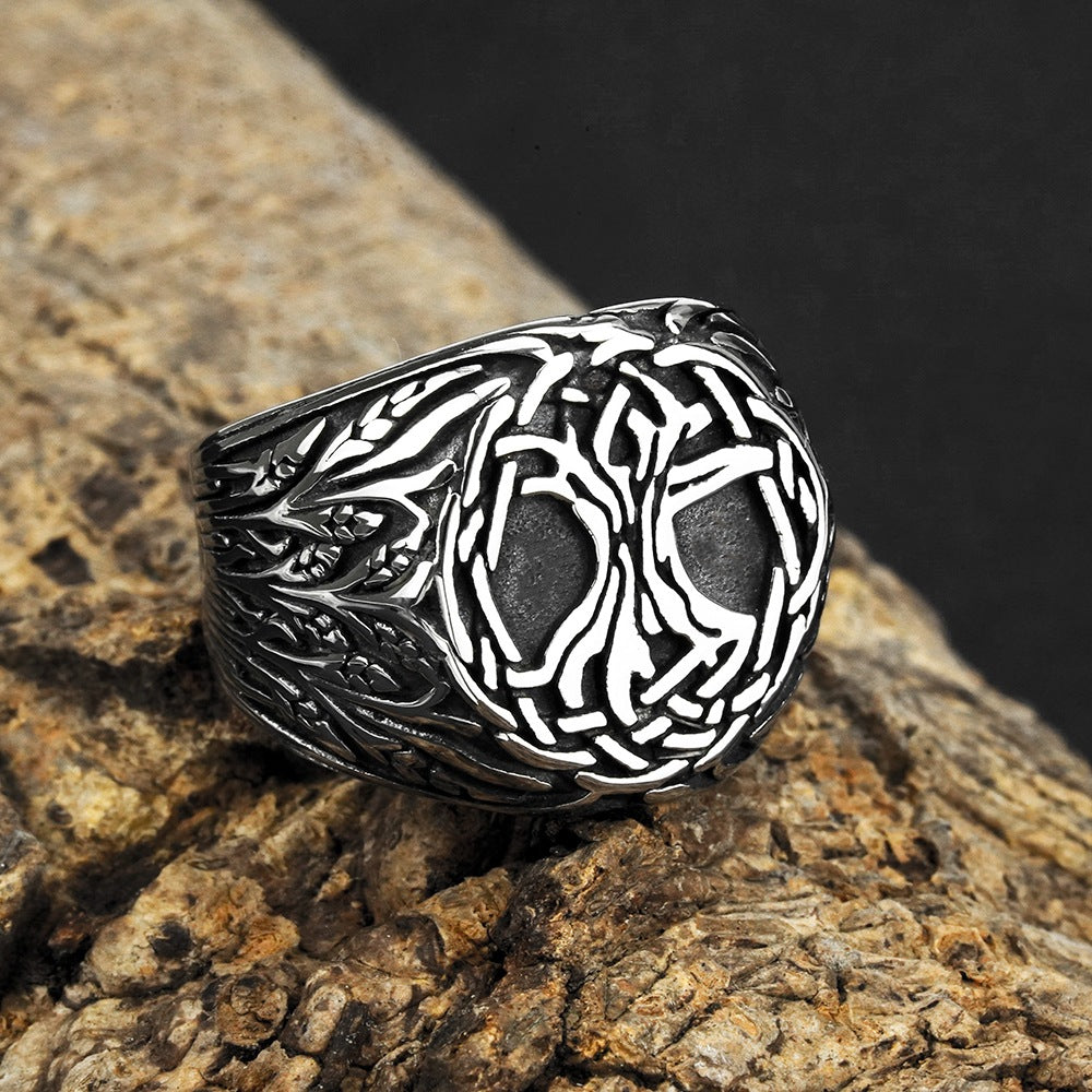 Vintage Solid Stainless Steel Norse Yggdrasil Tree of Life Wide Signet Ring Band for Men