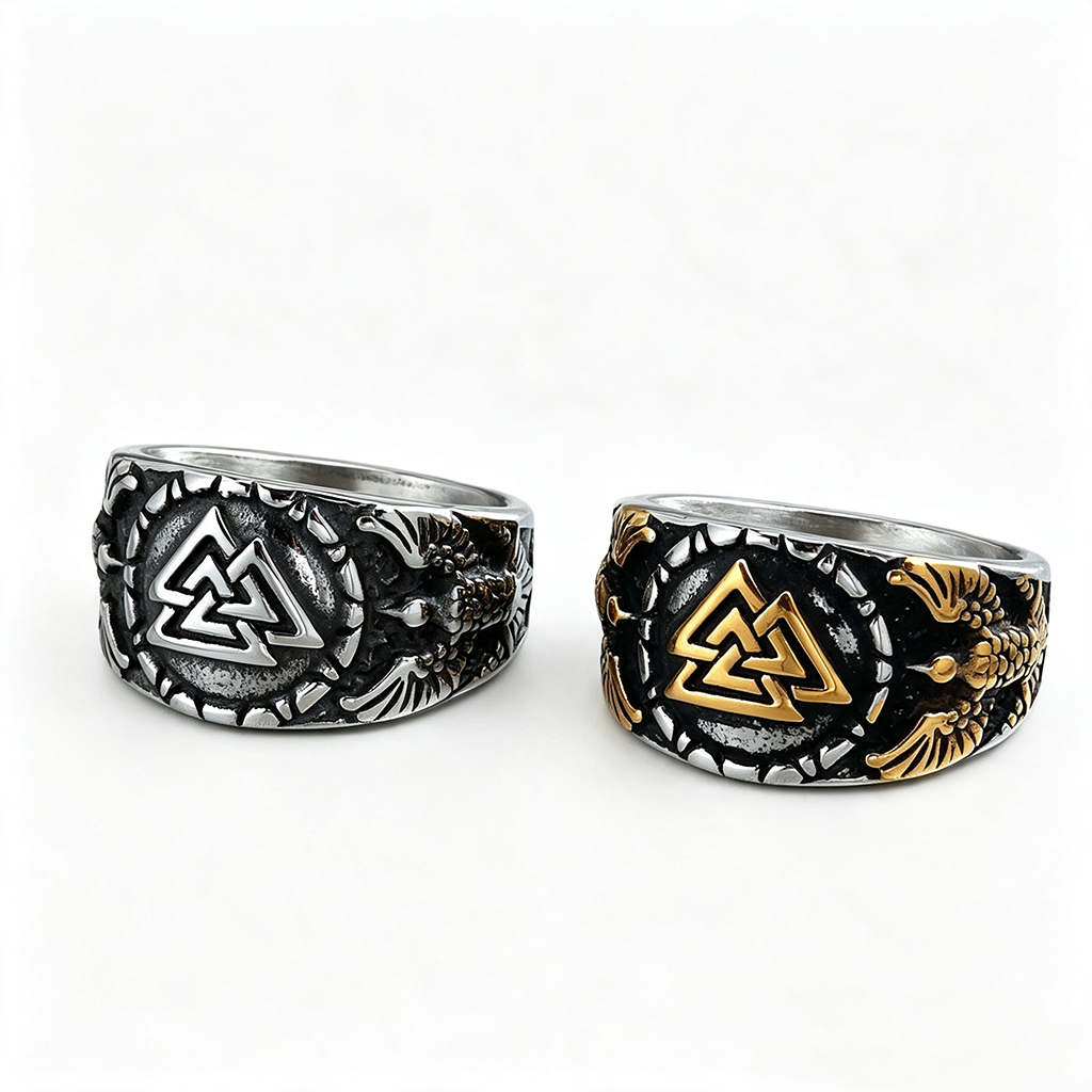 Vintage Solid Stainless Steel Norse Viking Valknut Raven Wide Signet Ring for Men