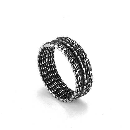Vintage Solid Stainless Steel Slim Narrow Dragon Pattern Band Ring for Men