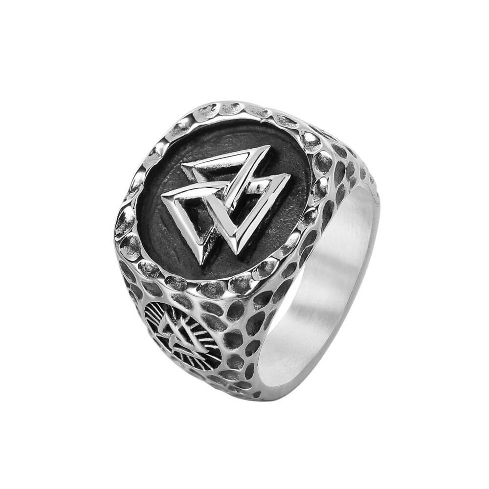 Vintage Solid Stainless Steel Viking Valknut Vegvisir Round Signet Ring for Men