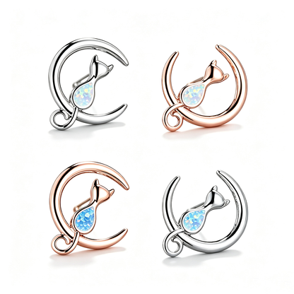 Women's Cat‑On‑Crescent‑Moon Stud Earrings With Teardrop Opal, with White Gold / Rose Gold Plating