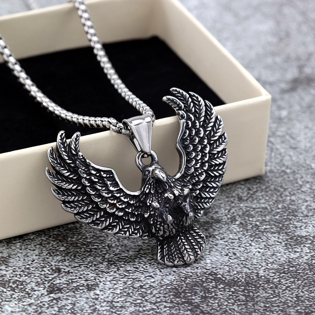 Men's Steel Spread Wings Eagle Pendant Necklace