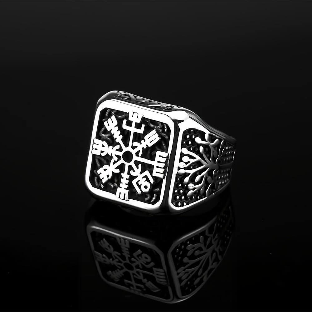 Vintage Solid Stainless Steel Viking Vegvisir Compass Tree of Life Square Signet Ring for Men