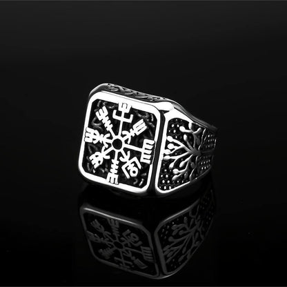 Vintage Solid Stainless Steel Viking Vegvisir Compass Tree of Life Square Signet Ring for Men
