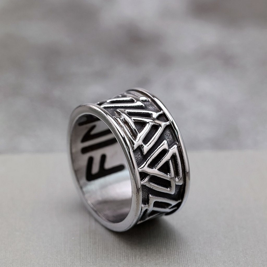 Vintage Stainless Steel Viking Rune Crow Carved Ring for Men