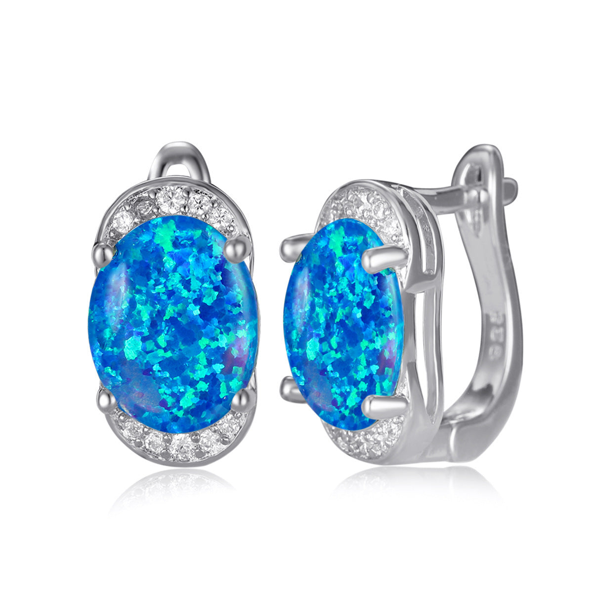 Women's Oval White & Blue Opal Halo Round Zirconia Huggie Earrings, with Gold Plating / with White Gold Plating