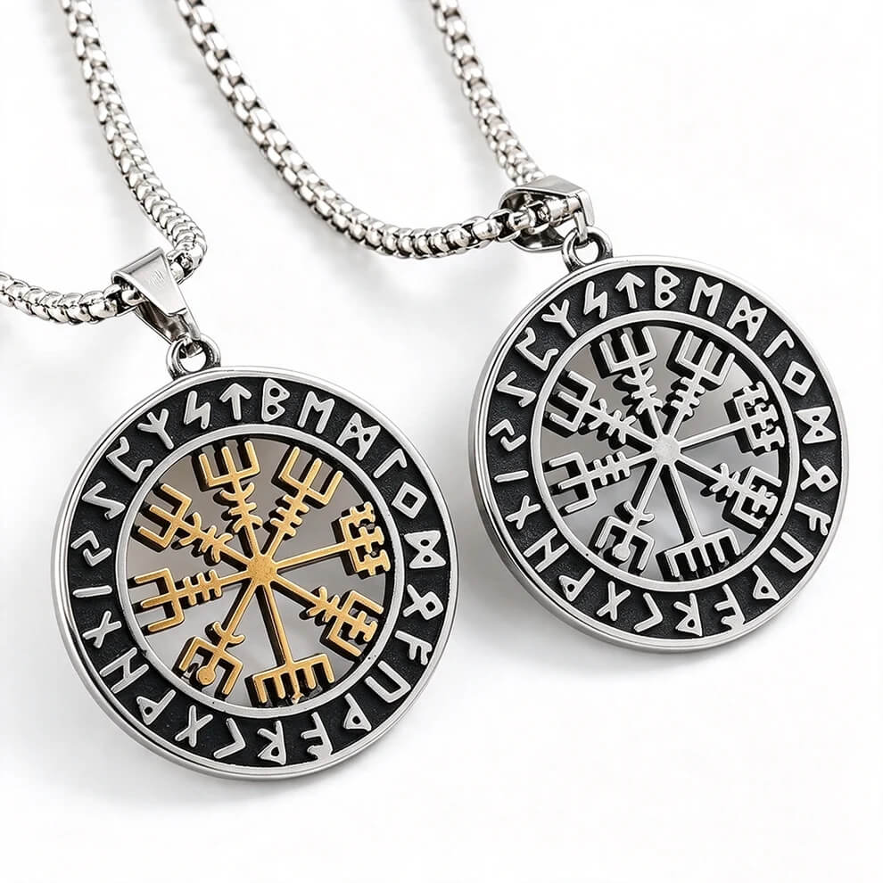 Vintage Stainless Steel Men's Viking Compass Double Sided Pendant Necklace